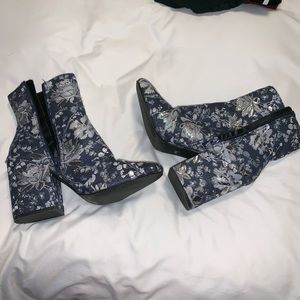 Denim Blue Metallic Silver Floral Brocade Boots